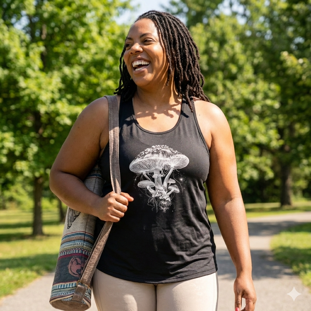 Woman wearing a black tank top with a mushroom design, standing outdoors in a park.