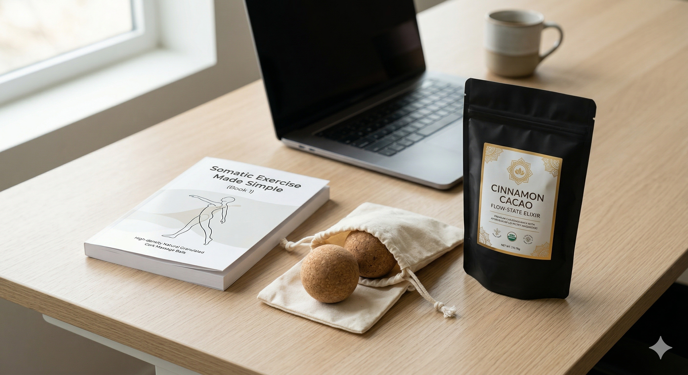 Cinnamon Cacao package on a desk with a laptop, book, and coffee cup.