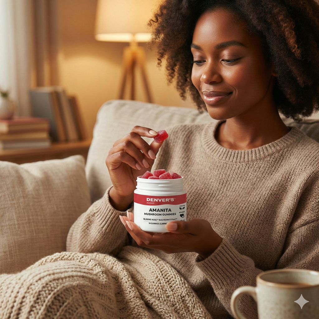 Woman holding a container of Denver's Amanita mushrooms in a cozy living room.