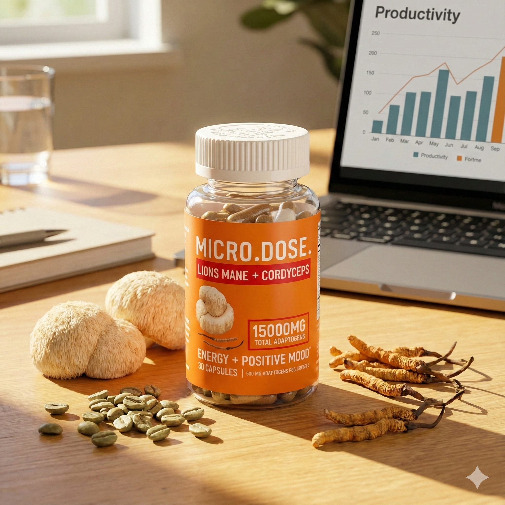 Bottle of Micro.Dose Lions Mane + Cordyceps supplement on a desk with laptop and plants