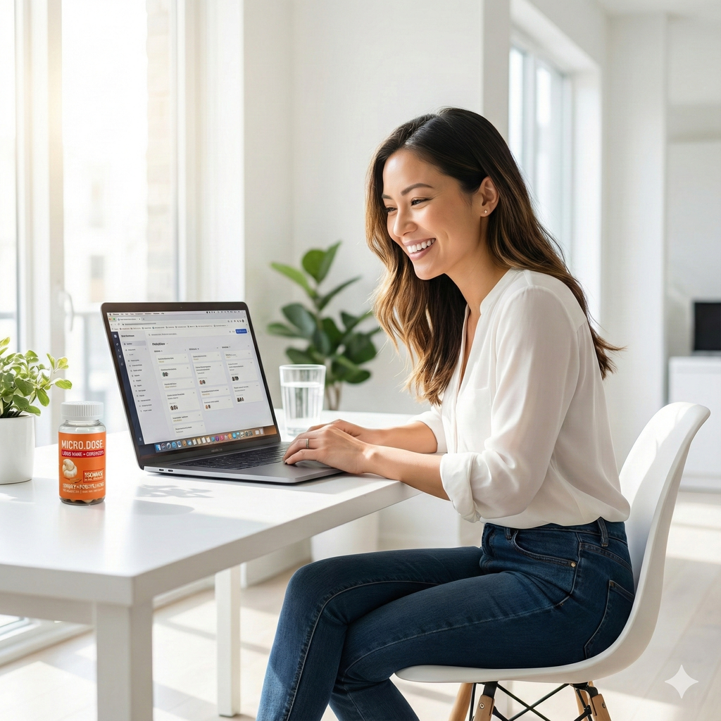 Woman sitting at a desk with a laptop, smiling in a bright room.