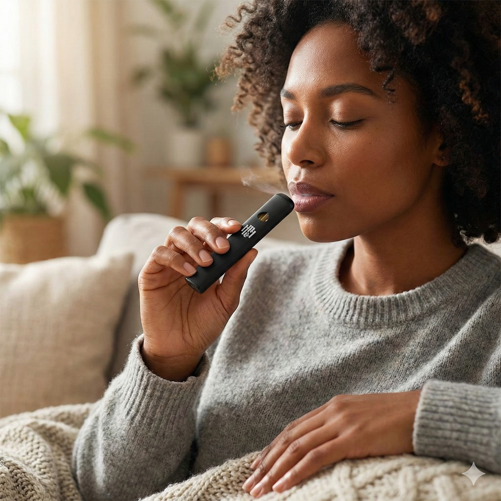 Woman using a vape device in a cozy living room setting