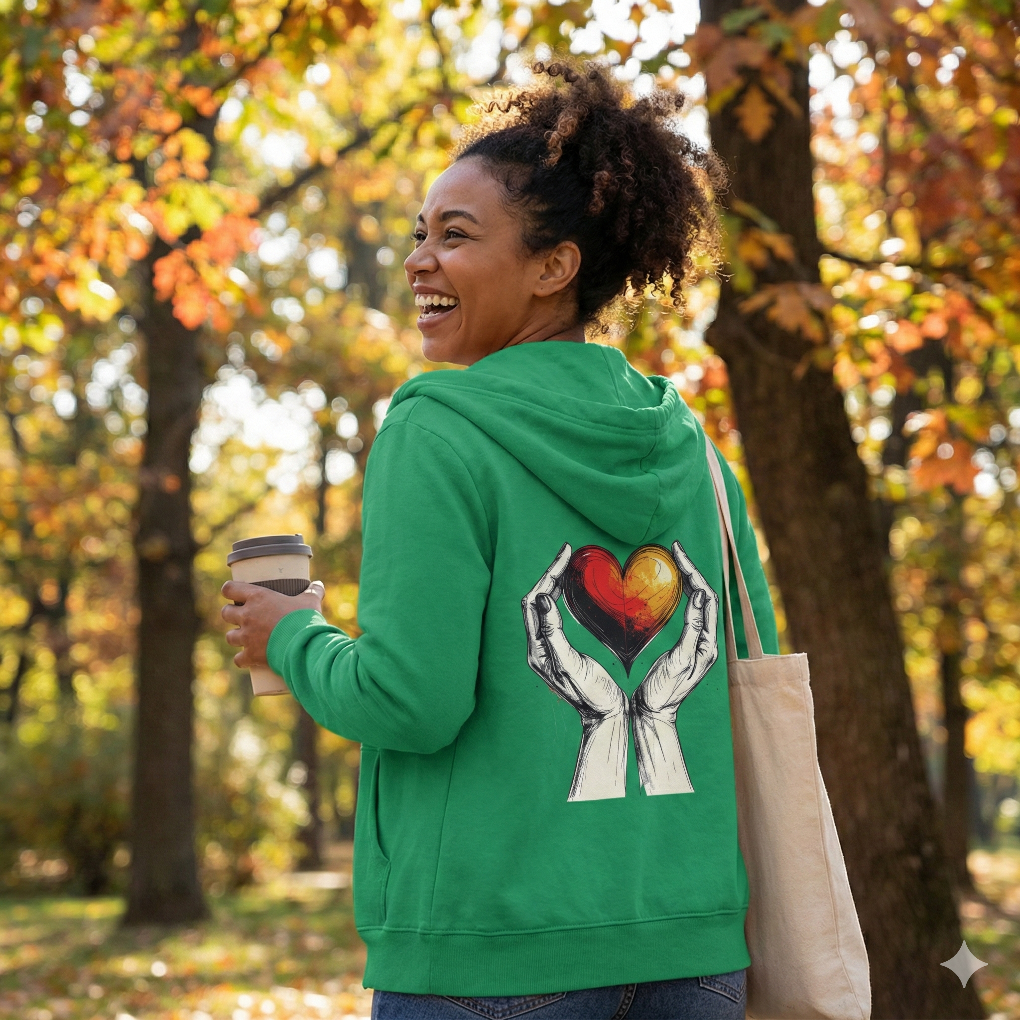 Woman wearing a green hoodie with a heart design in an autumn park