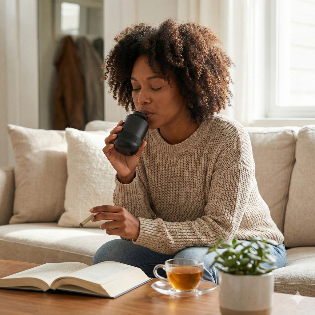 Woman blowing into the air filter in a cozy living room.
