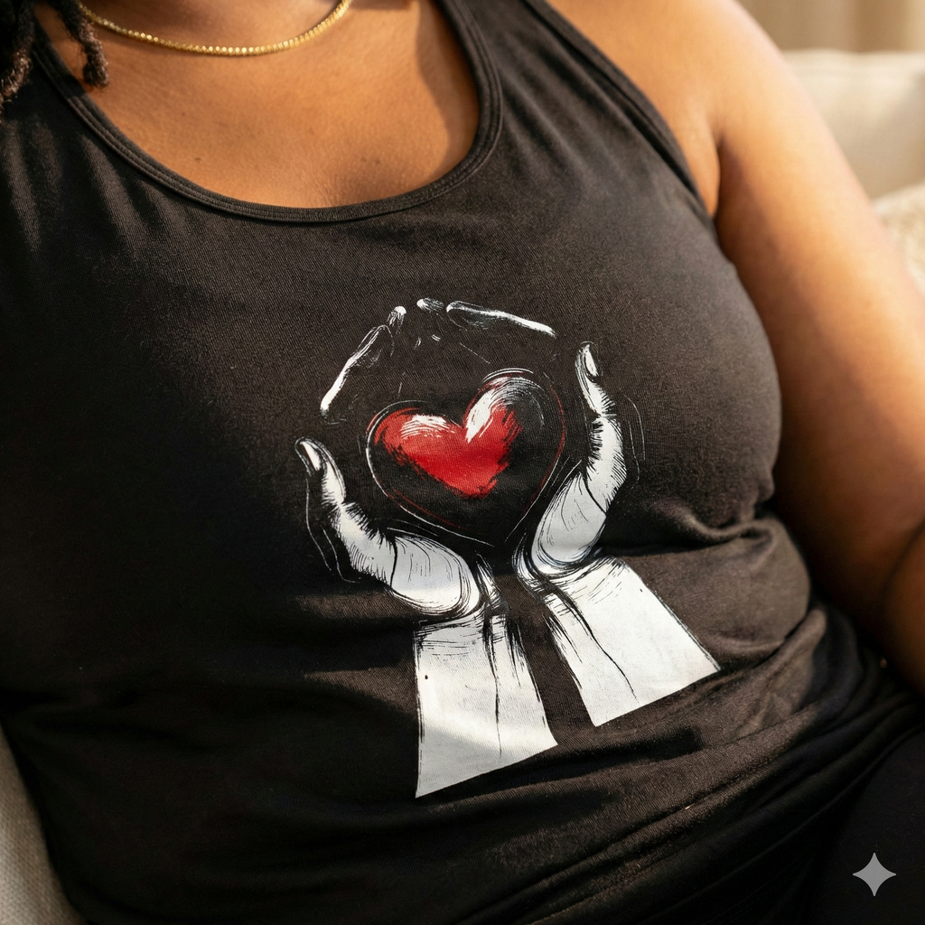 Person wearing a black tank top with a graphic design of hands holding a red heart.
