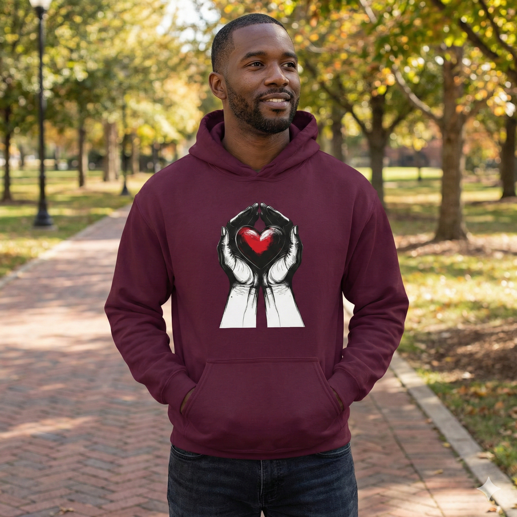 Man wearing a maroon hoodie with a graphic design of hands holding a heart in an autumn park.