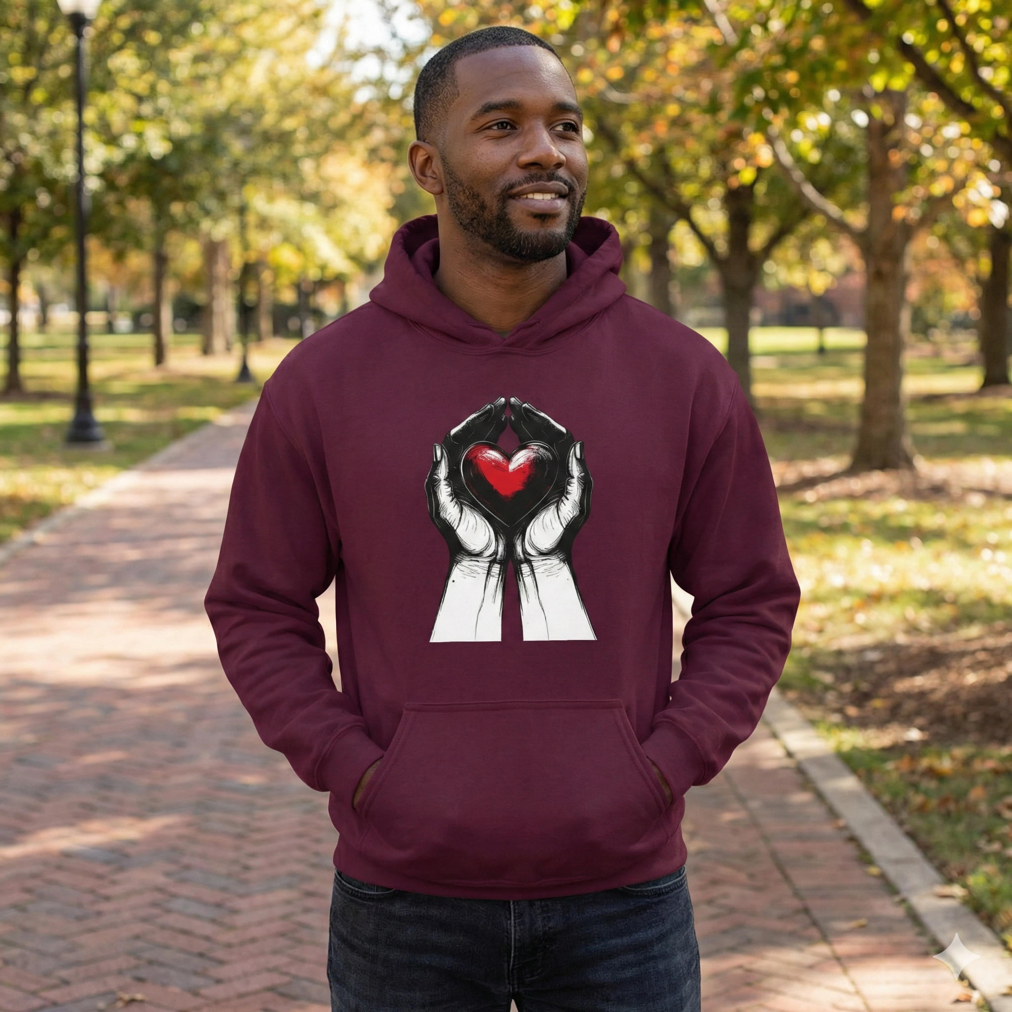 Man wearing a maroon hoodie with a graphic design of hands holding a heart in an autumn park.