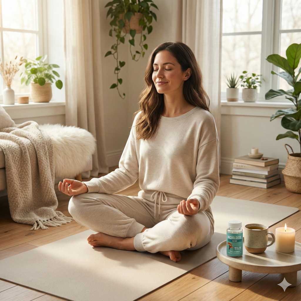 Woman meditating in a cozy room with plants and a candle