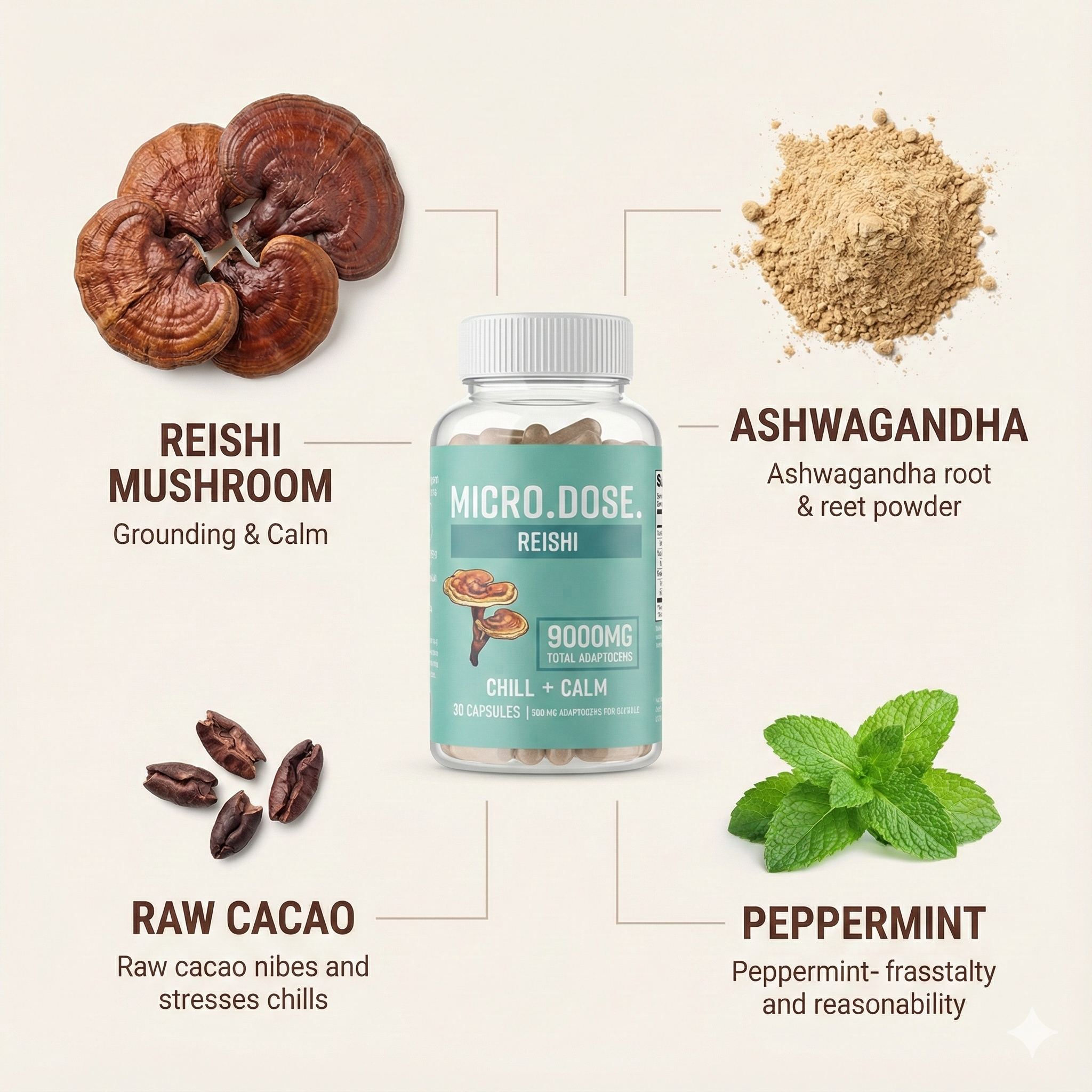 Bottle of Microdose Reishi supplement with labeled ingredients on a beige background
