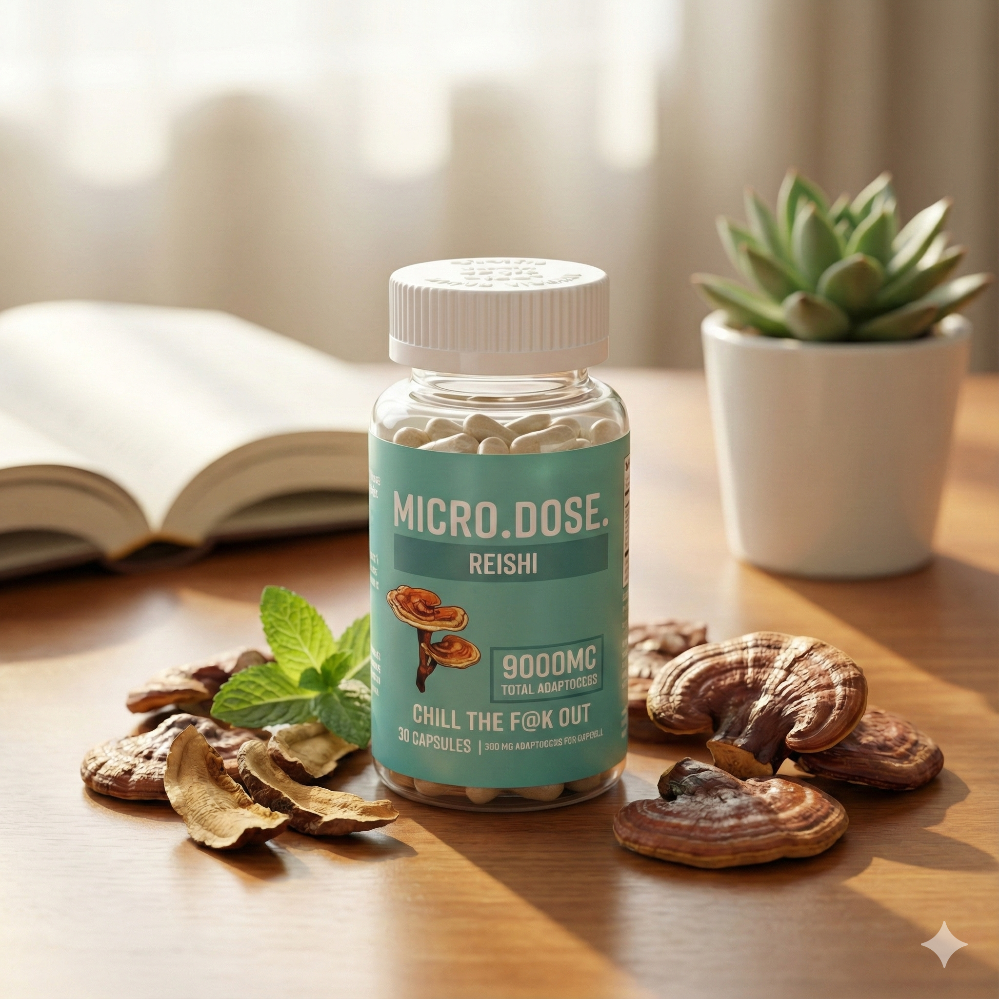Bottle of Micro Dose Reishi capsules on a wooden surface with mushrooms and an open book in the background.