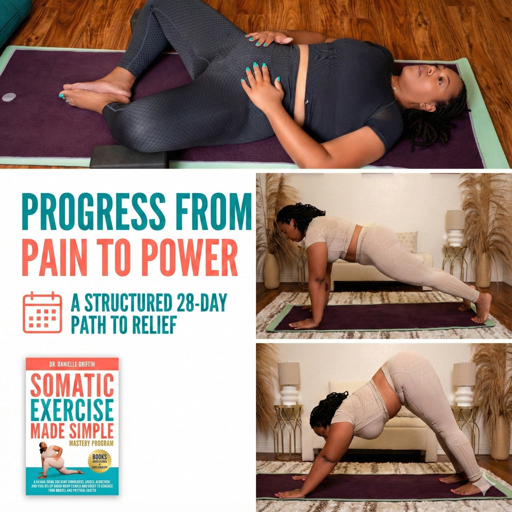 Woman exercising on a mat with text about progress from pain to power and a book titled 'Somatic Exercise Made Simple'.