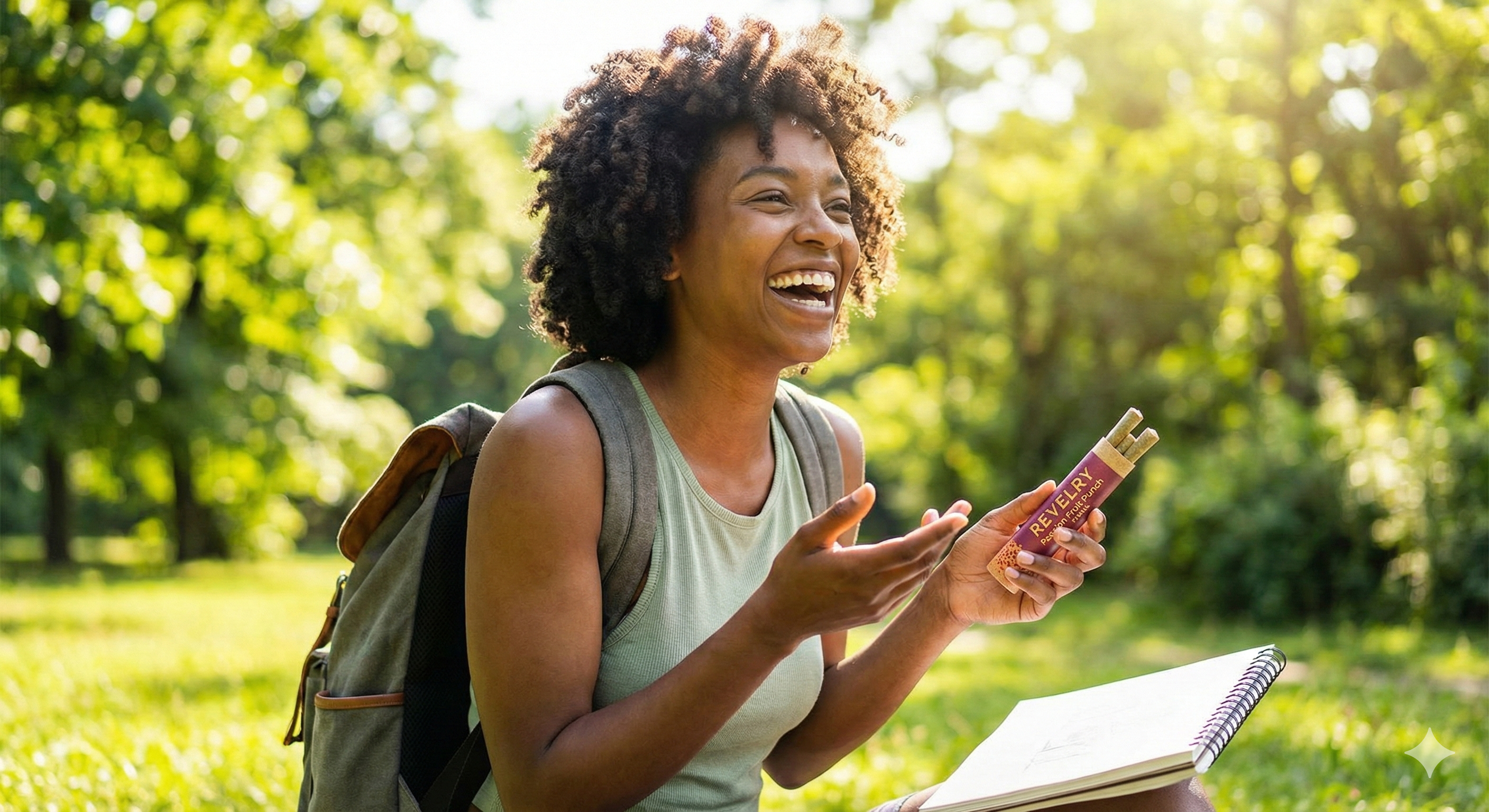 Woman with a backpack and notebook in a park, holding a 2 pack of pre rolls.
