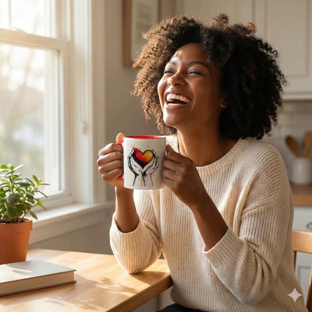 Woman holding a mug with a heart design in a cozy kitchen.