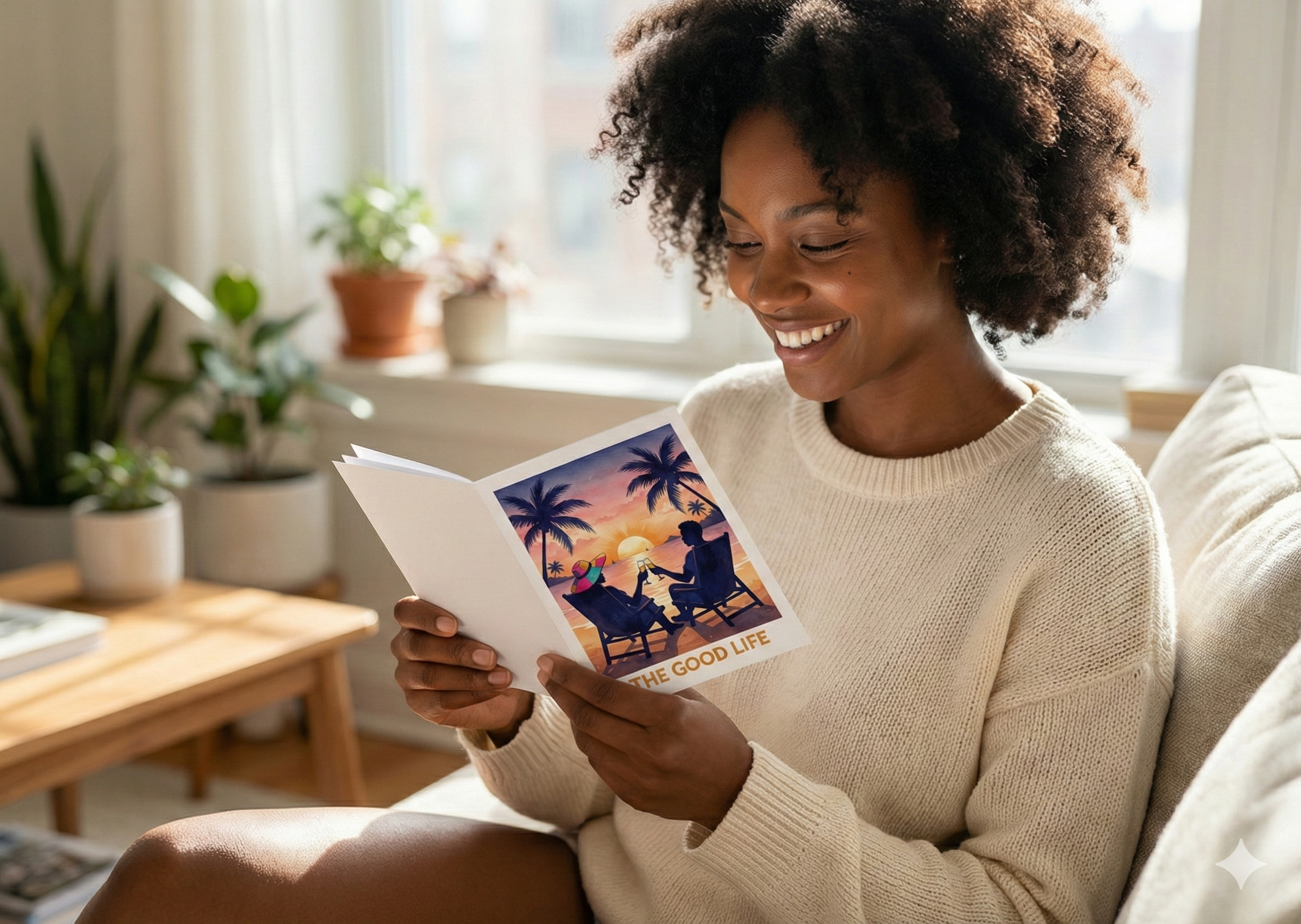 Woman reading a card titled 'The Good Life' in a cozy living room.