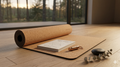 Cork yoga mat with a book and small sculpture on a wooden floor with a blurred natural background
