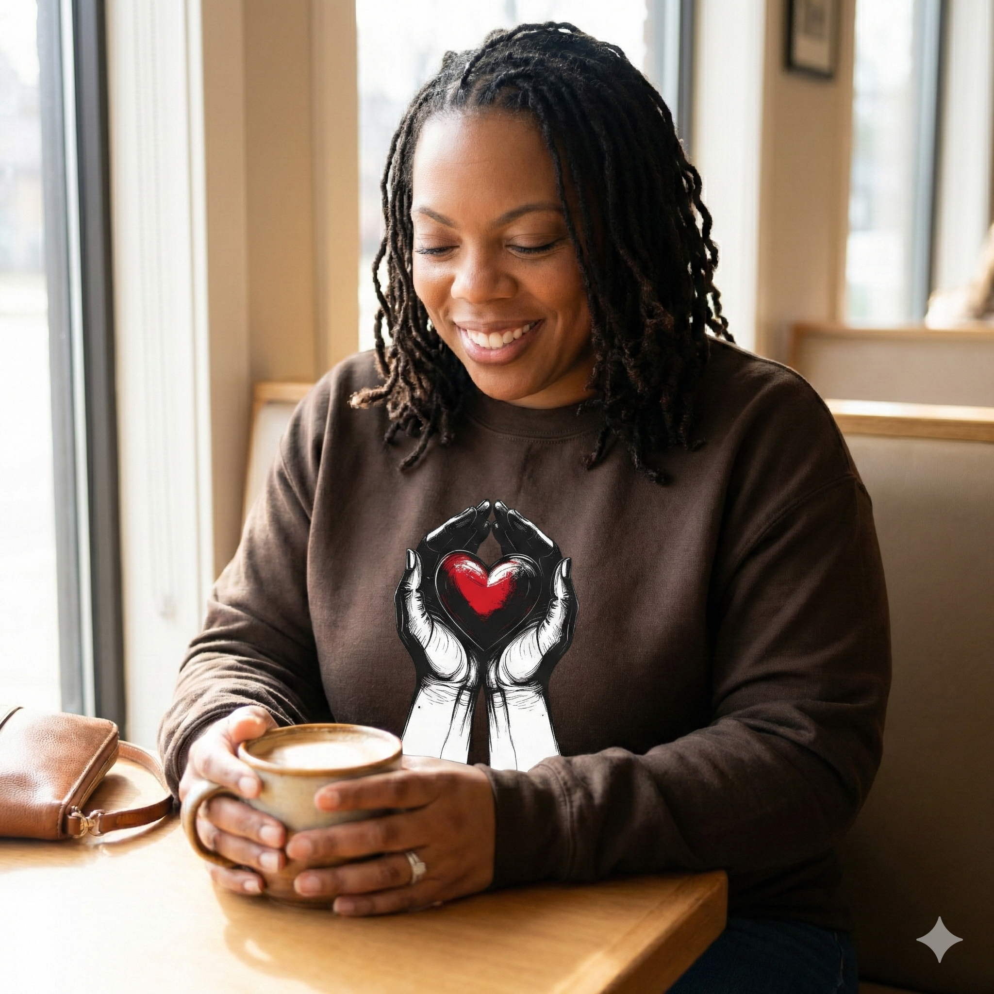 Woman wearing a sweatshirt with a heart design, holding a cup in a cozy indoor setting.