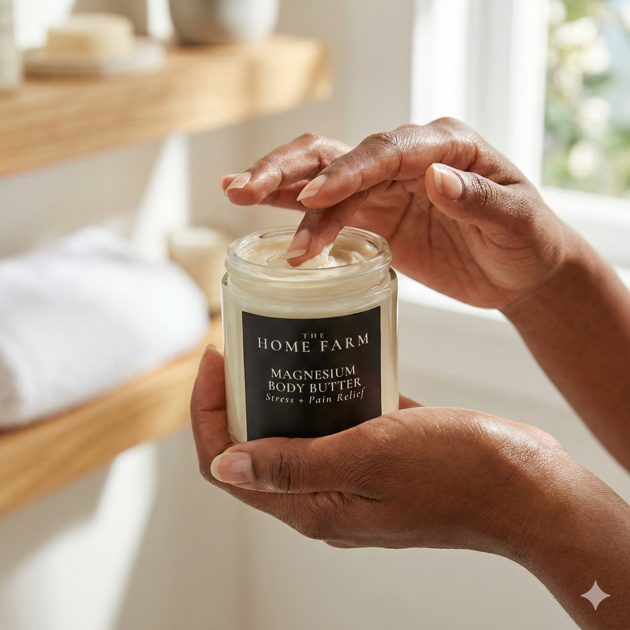 Person holding a jar of Home Farm magnesium body butter with a blurred background