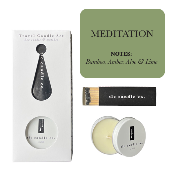 Travel candle set with matches and coaster featuring 'Meditation' notes on a white background