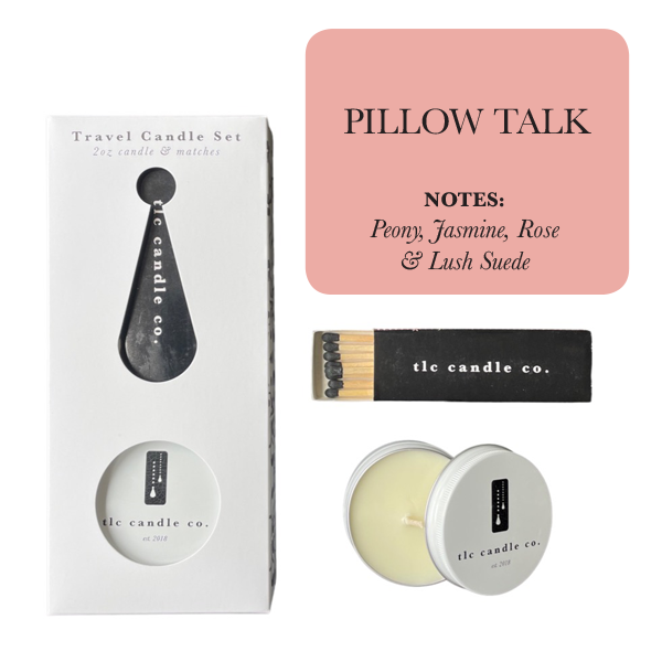 Travel candle set with packaging, matches, and a pink card labeled 'Pillow Talk'.