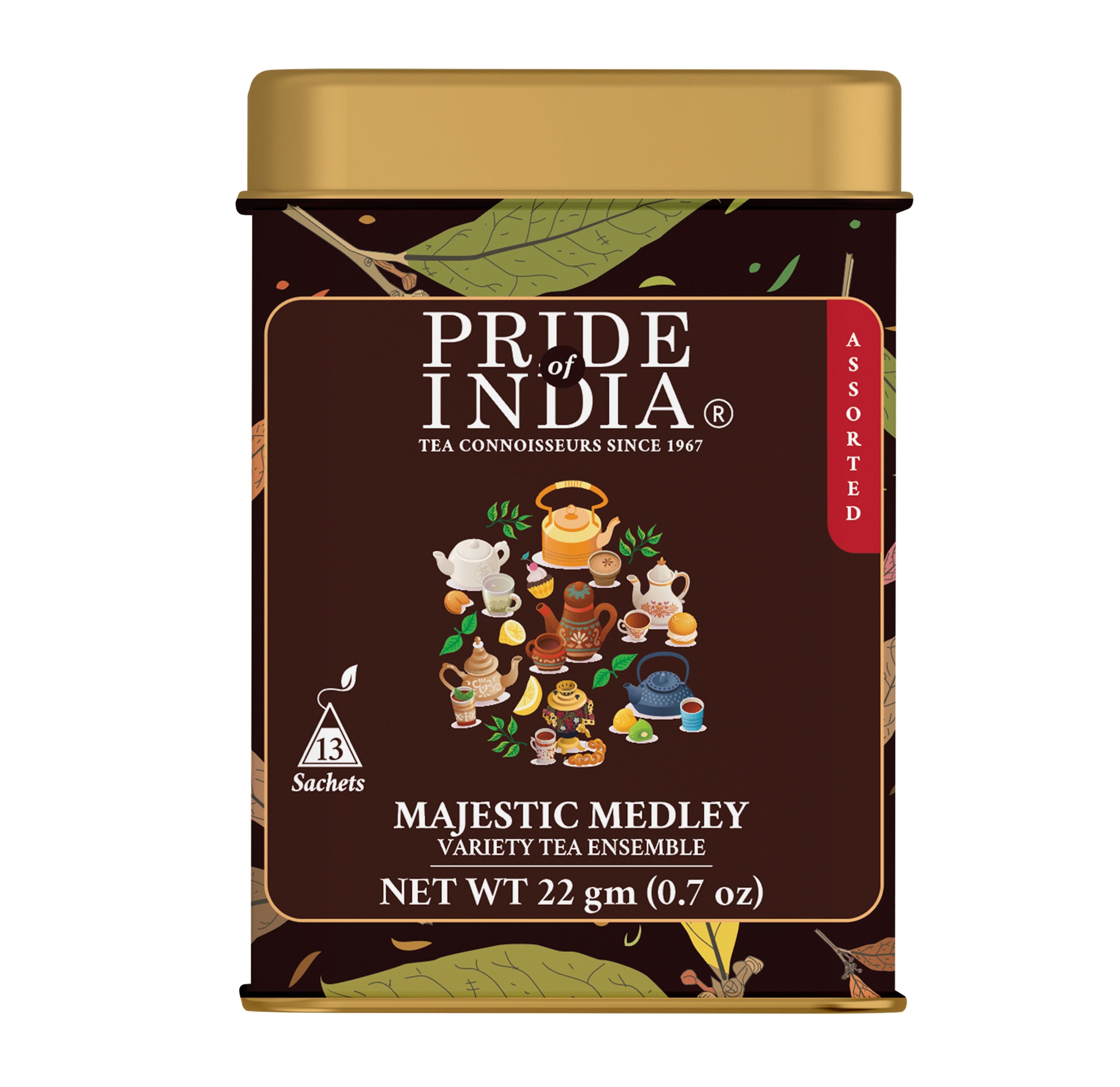 Tea packaging for 'Pride of India' Majestic Medley tea ensemble on a white background