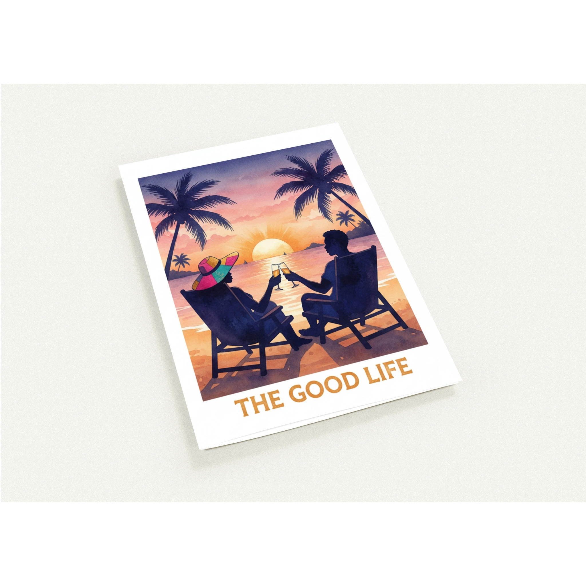 A card with vibrant tropical sunset silhouette featuring a couple enjoying a drink.