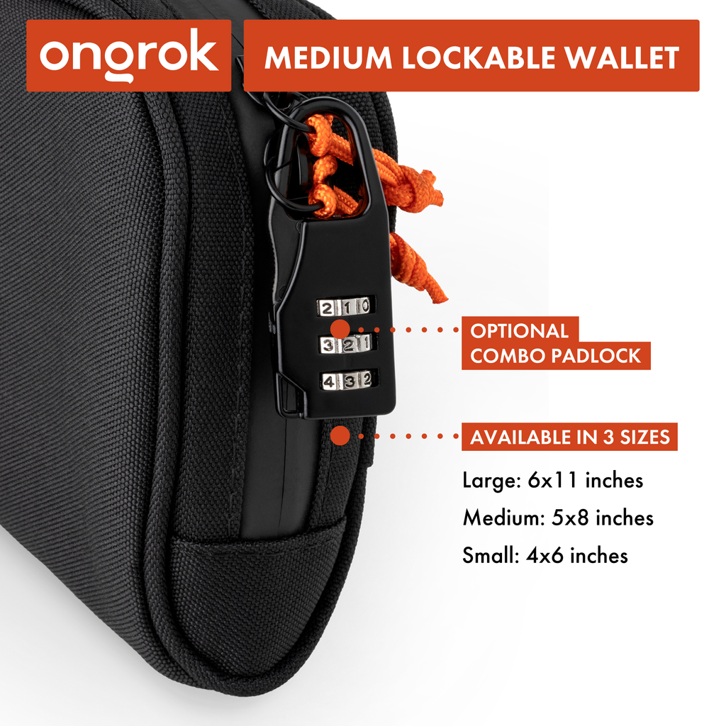 Black medium lockable wallet with a combination lock, featuring the brand 'ongrok'.