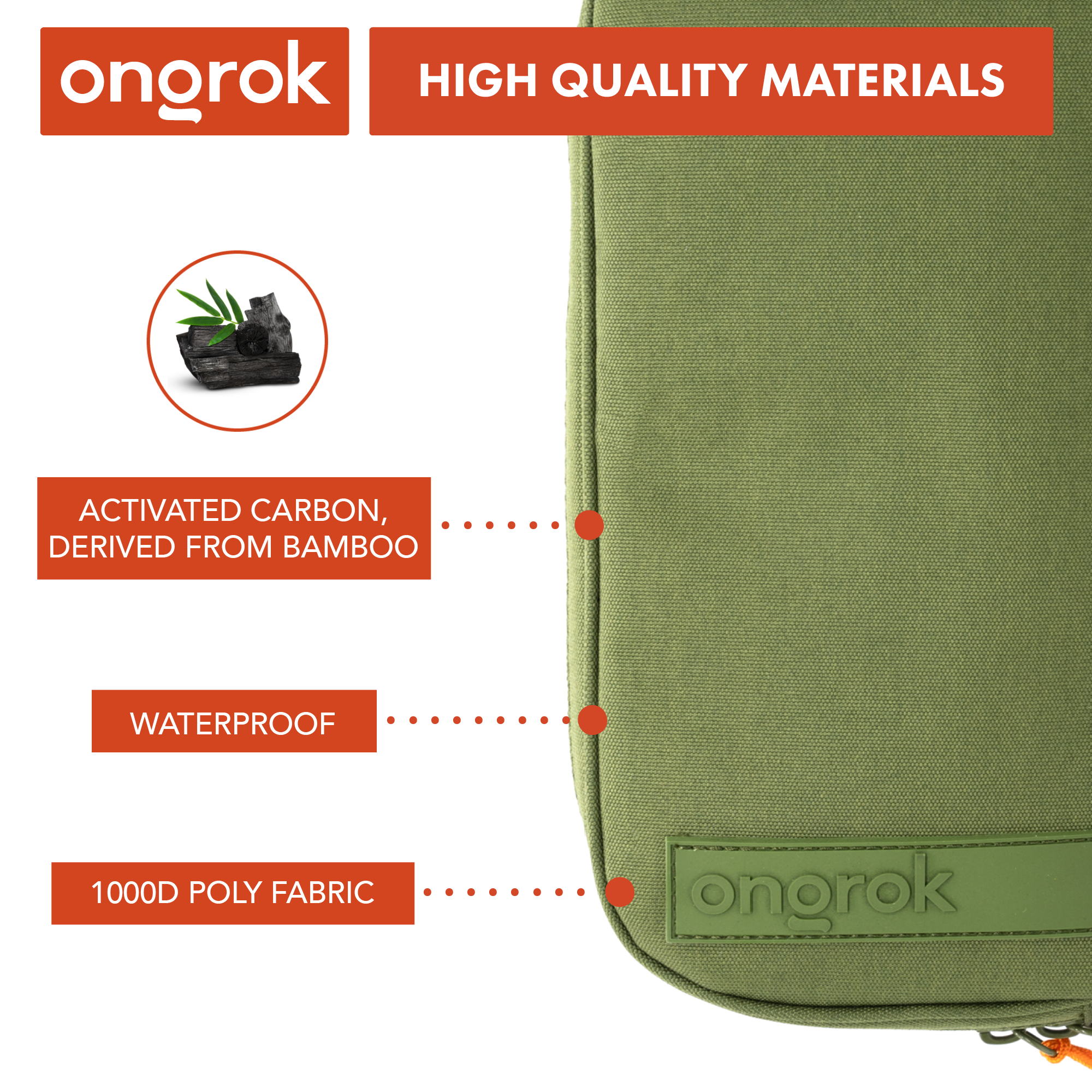 Green bag with 'ongrok' branding and text highlighting high-quality materials like activated carbon and waterproof properties.