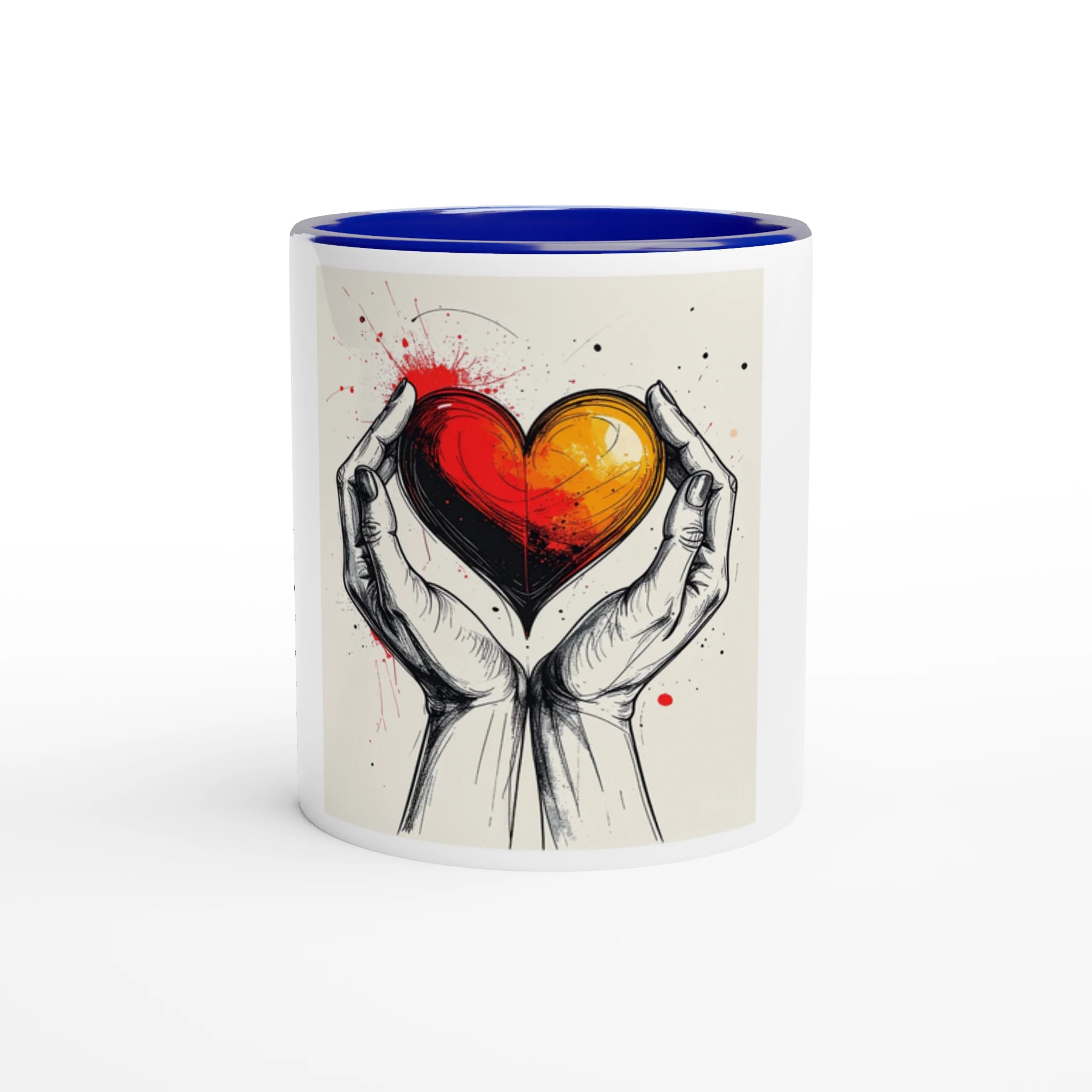 Mug with hands holding a heart design on a white background