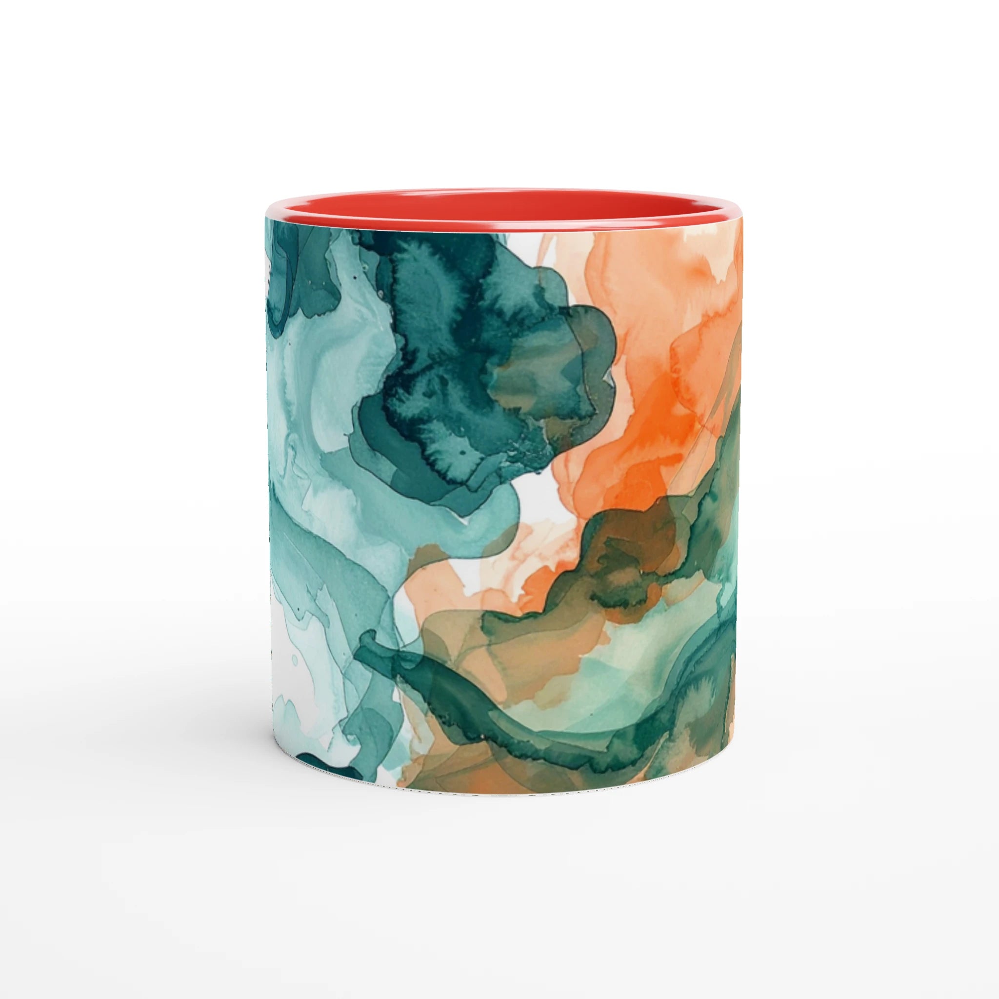 Colorful abstract-patterned mug with a red interior on a white background