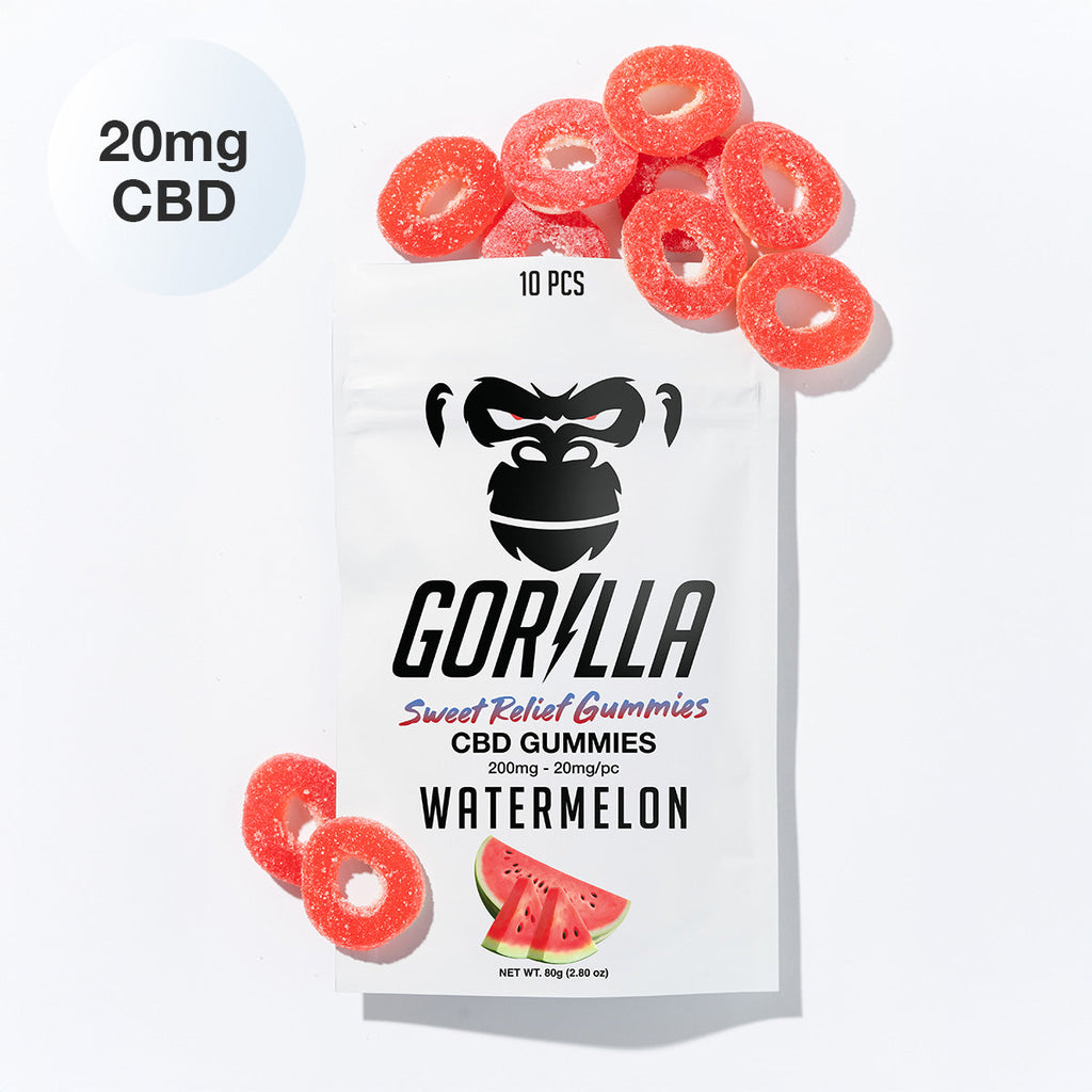 Packaging of Gorilla CBD gummies with watermelon flavor on a white background