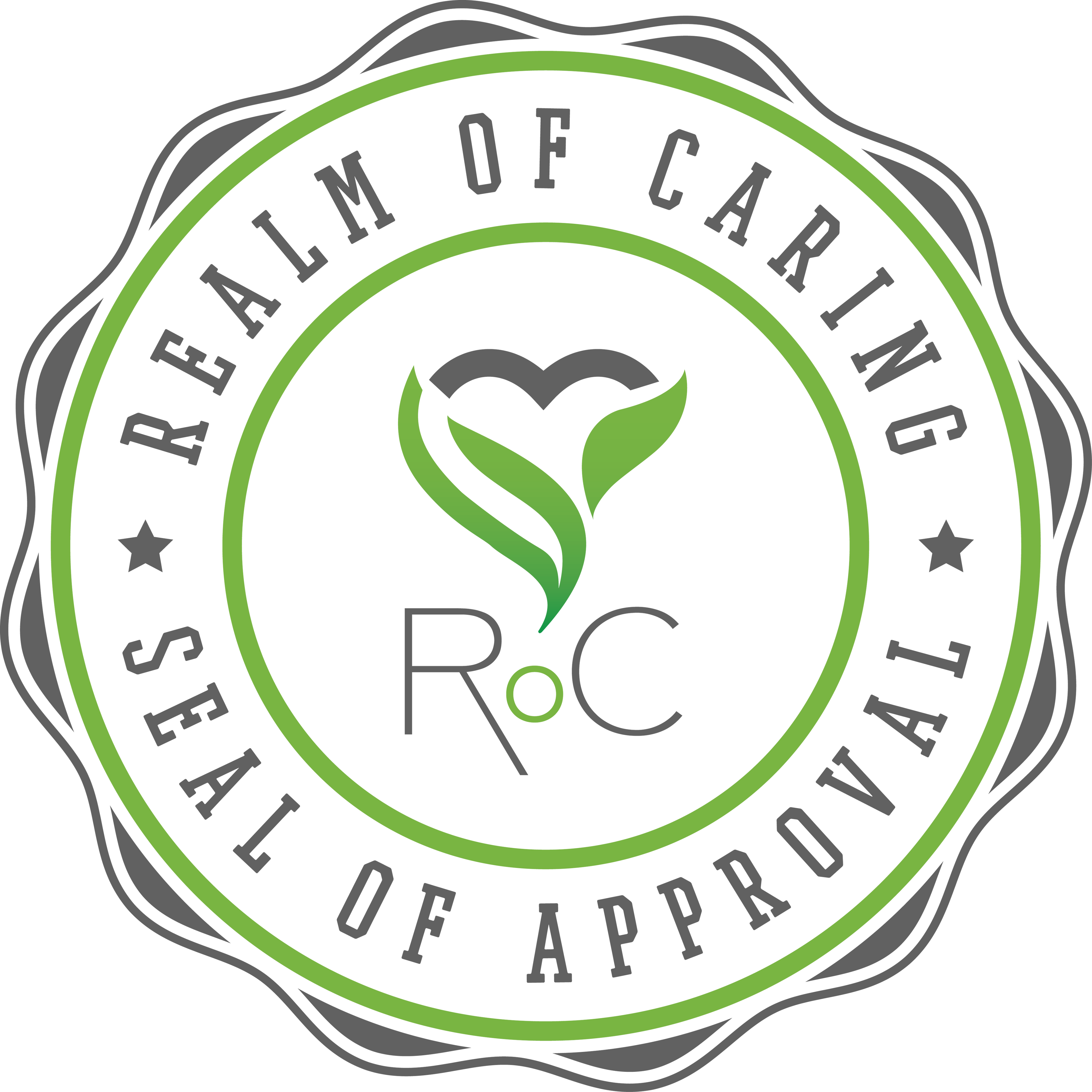 Seal of Approval logo with 'Realm of Caring' text and green and gray design.
