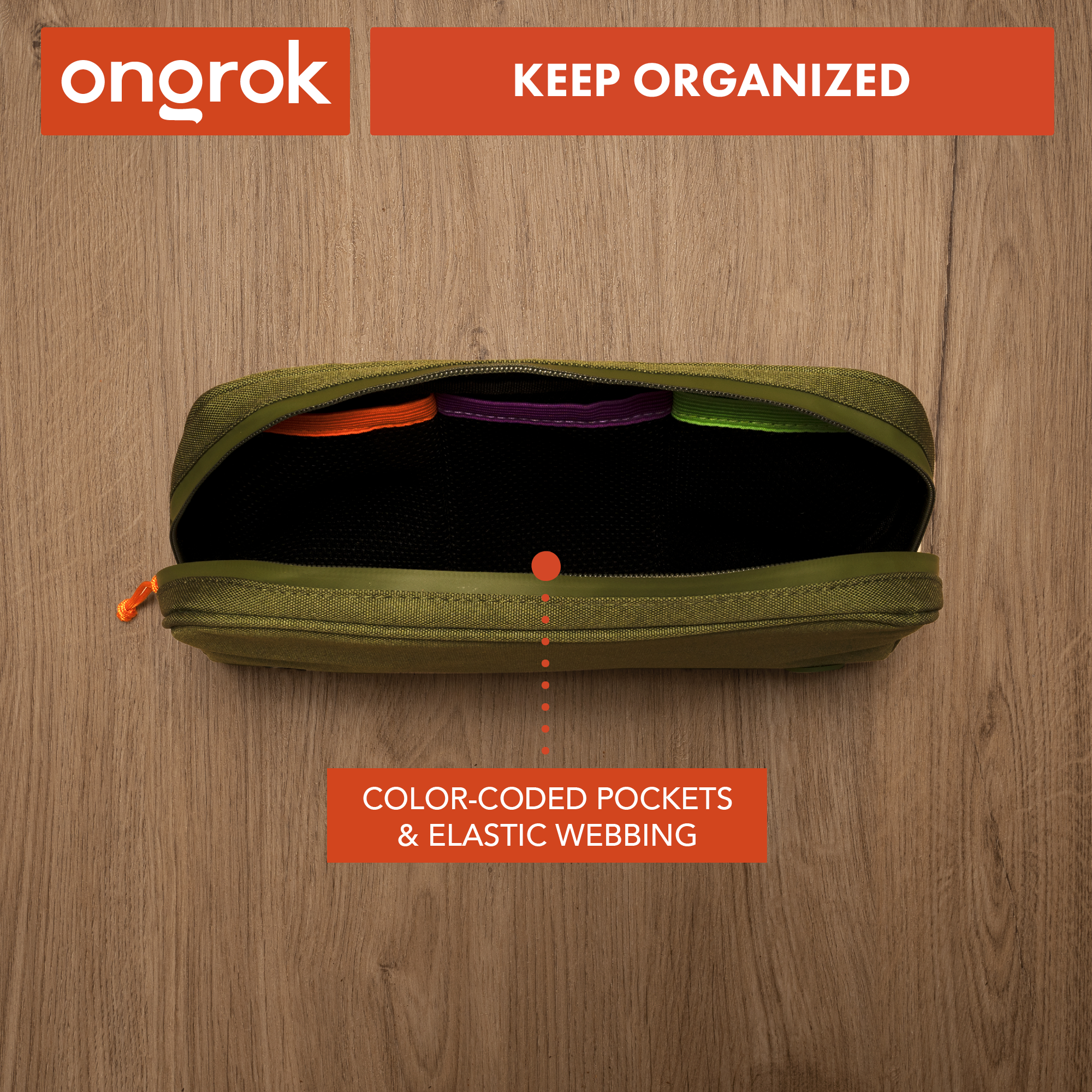 Green pouch with color-coded pockets and elastic webbing on a wooden background, featuring the Ongrok brand.