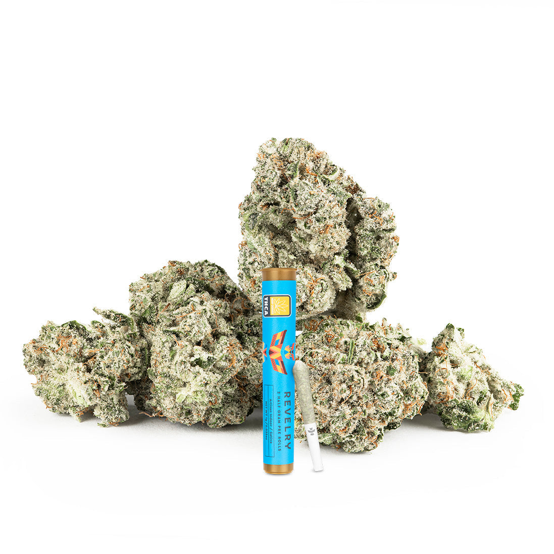 Marijuana buds and a vape pen on a white background