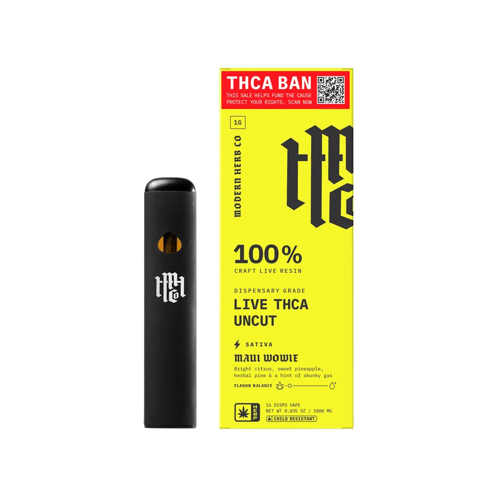Black vape pen with yellow packaging featuring 'THCA Ban' branding on a white background