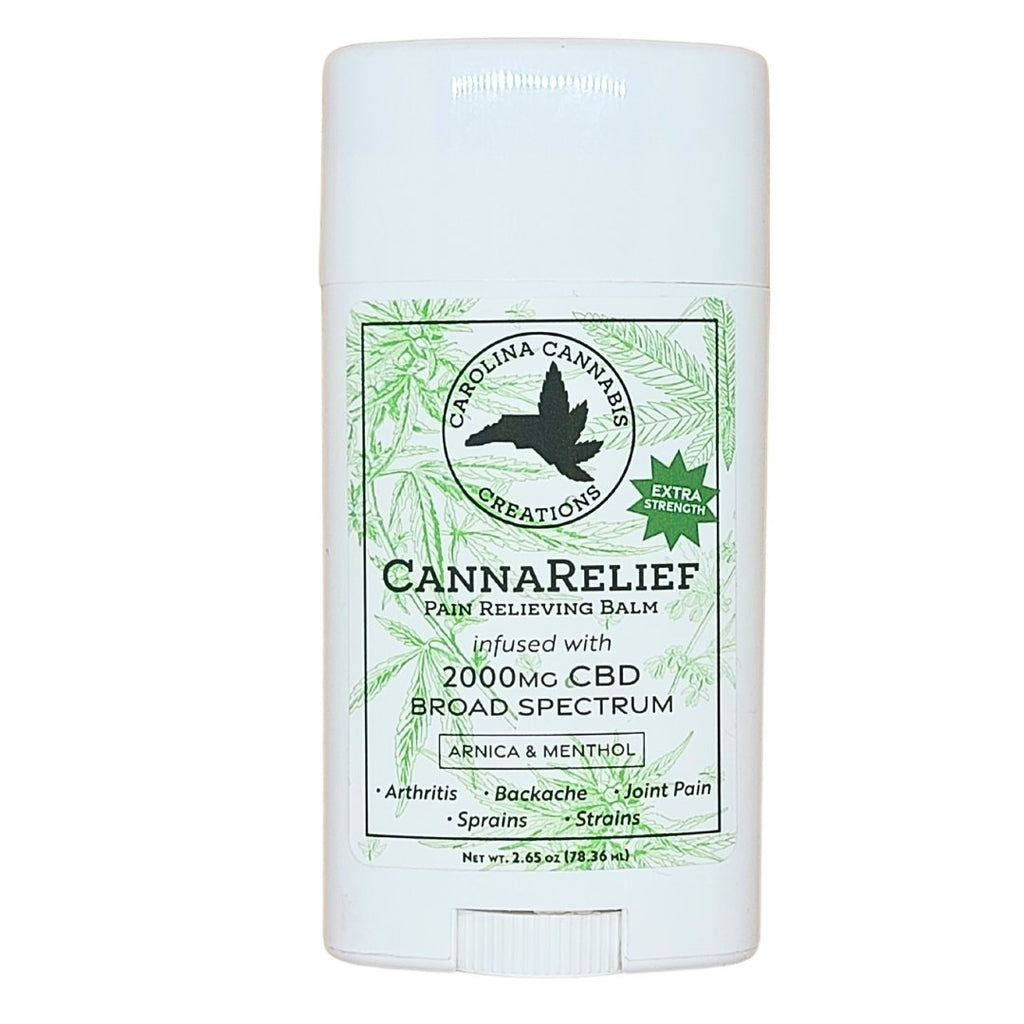 CannaRelief pain relieving balm container with CBD label on a white background