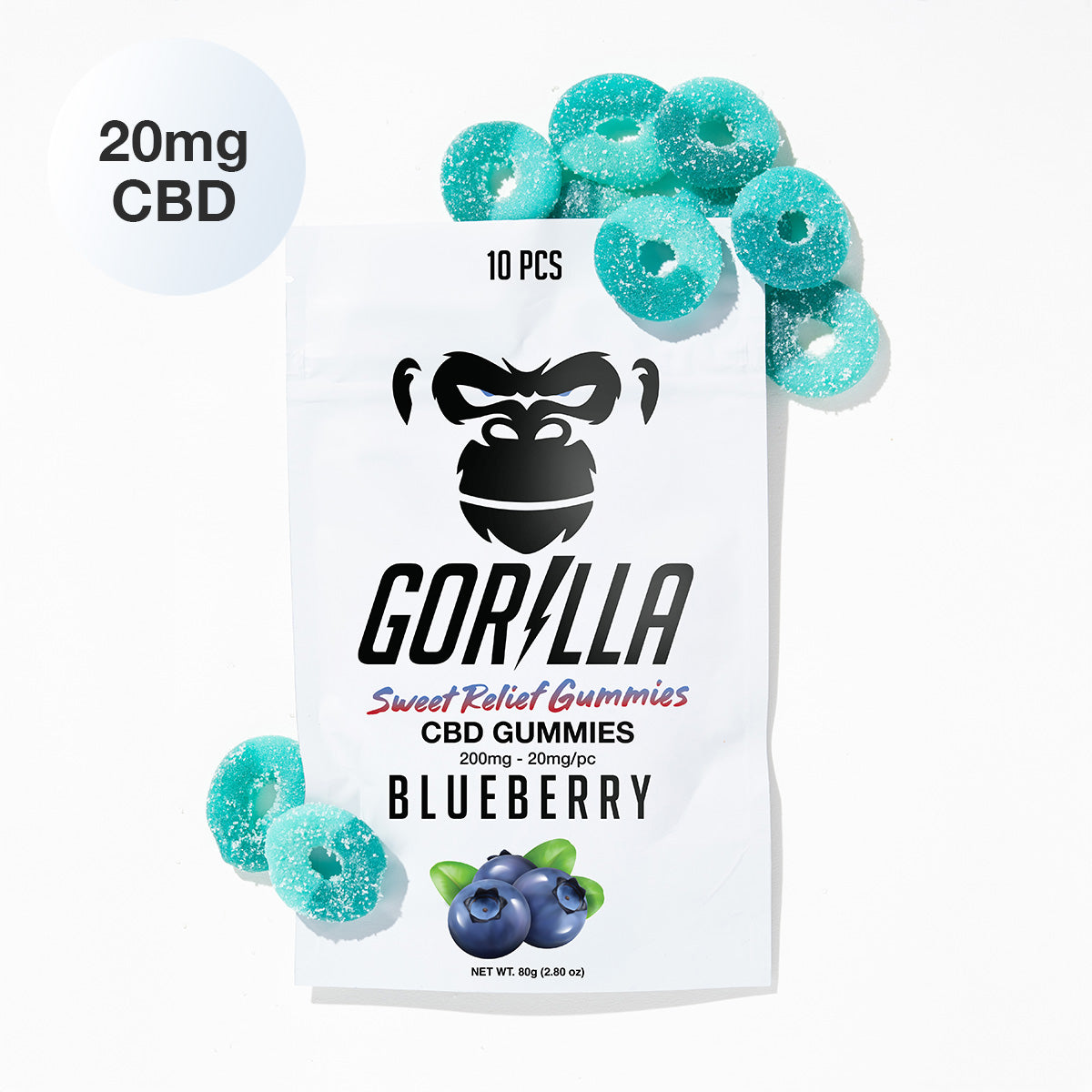 Bag of Gorilla CBD Gummies with blueberry flavor on a white background
