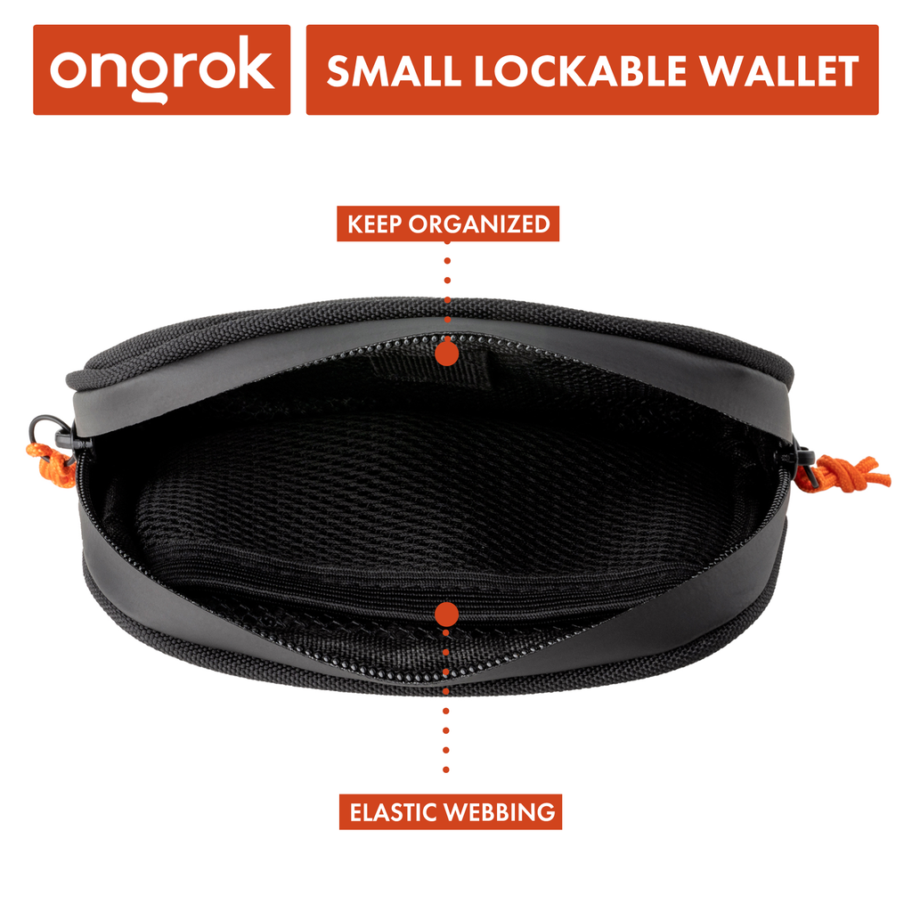 Black small lockable wallet with elastic webbing on a white background, featuring the brand 'ongrok'.