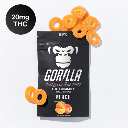 Gorilla THC gummies packaging with peach-flavored gummies on a white background