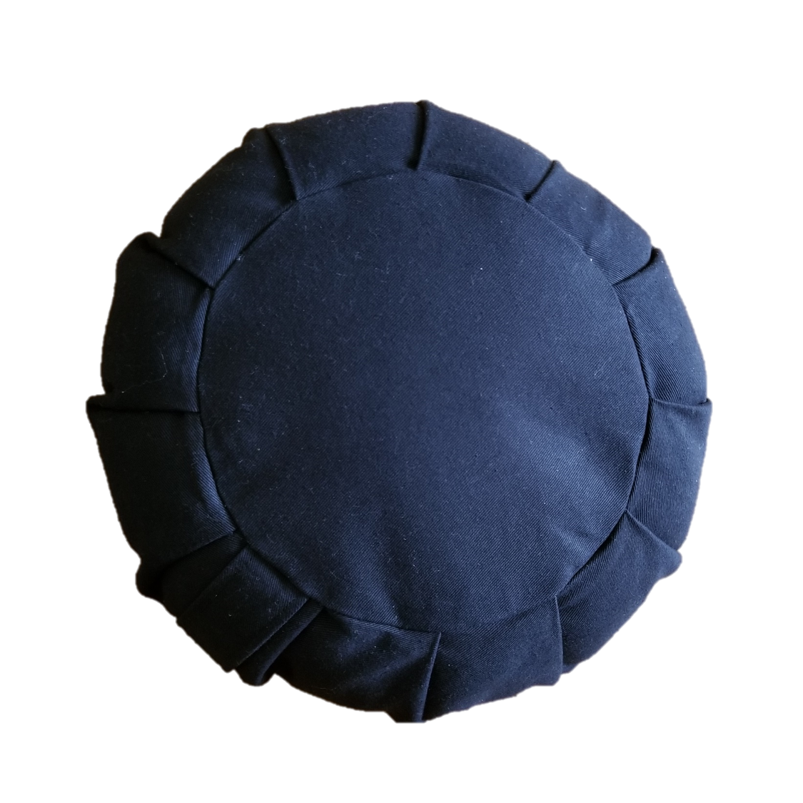 Round navy blue cushion with pleated edges on a white background