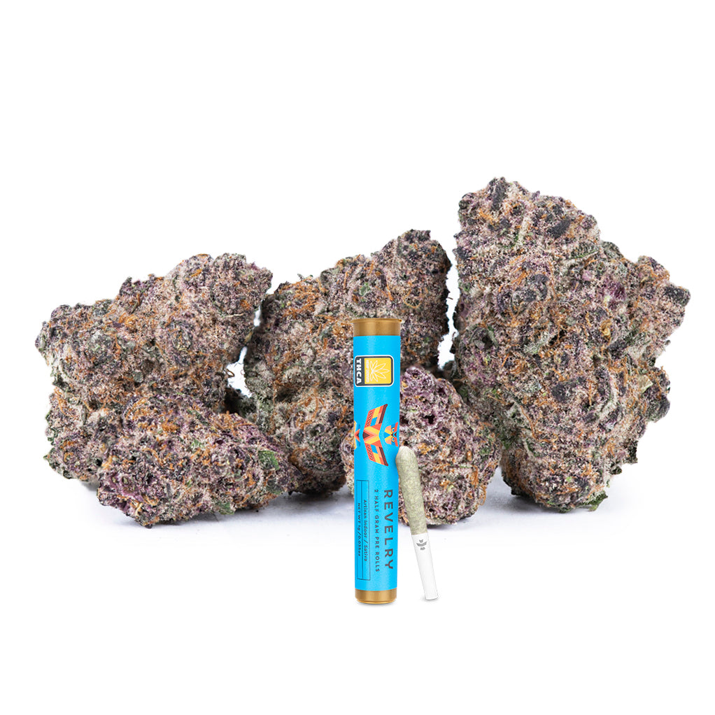 Dried cannabis buds and a vape pen with a blue tube on a white background