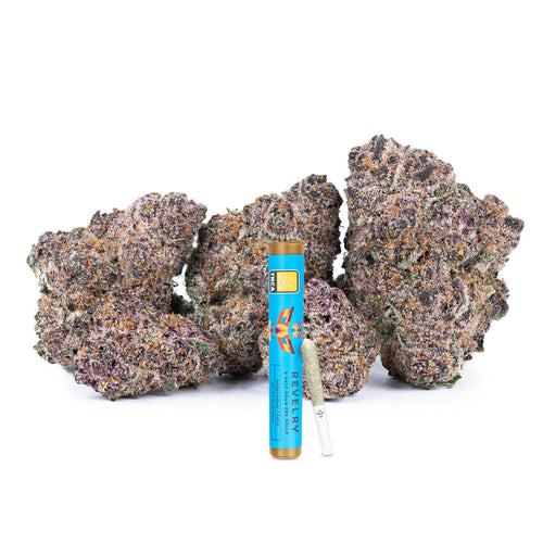 Dried cannabis buds and a vape pen with a blue tube on a white background