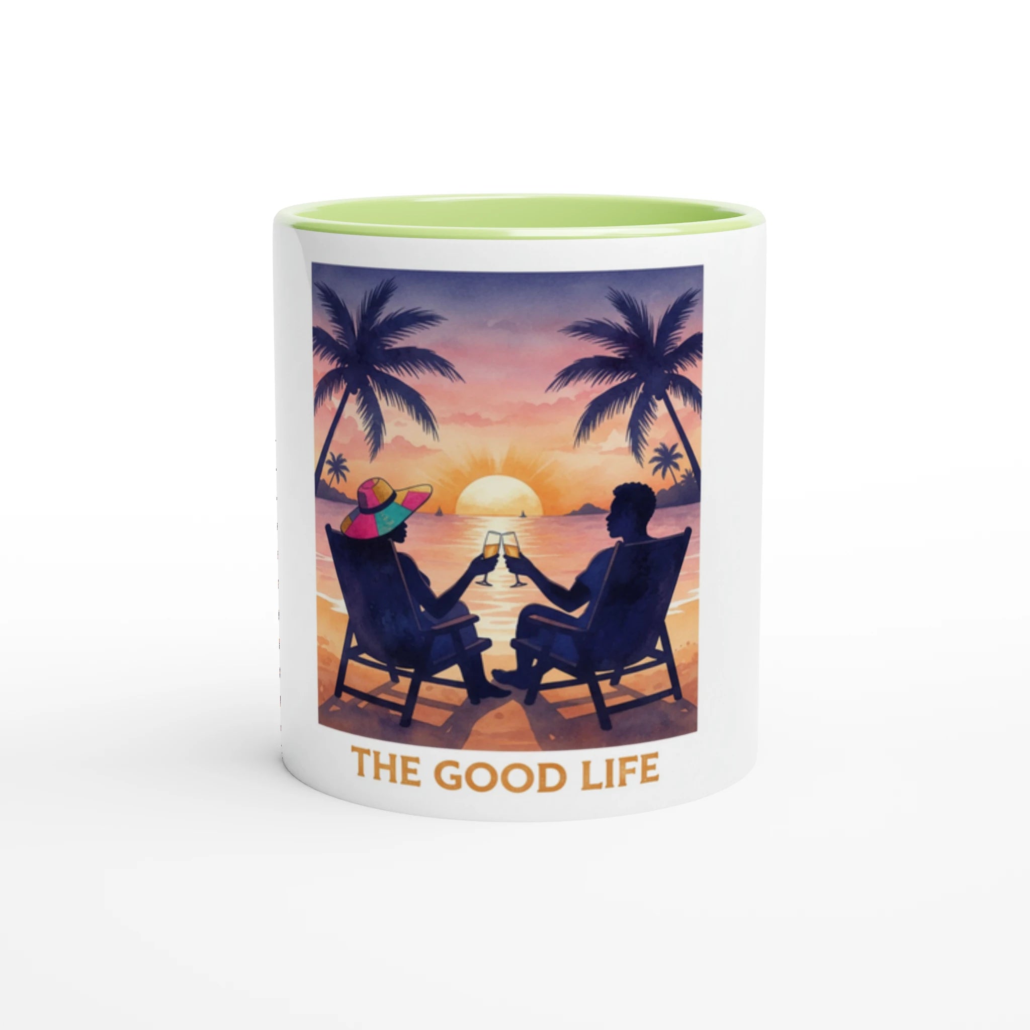 Mug with a design of two people on lounge chairs at sunset, palm trees, and 'The Good Life' text.