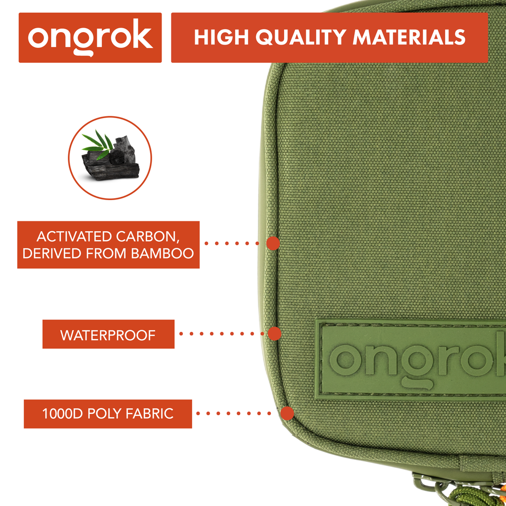 Green pouch with 'ongrok' branding and text highlighting material properties on a white background.