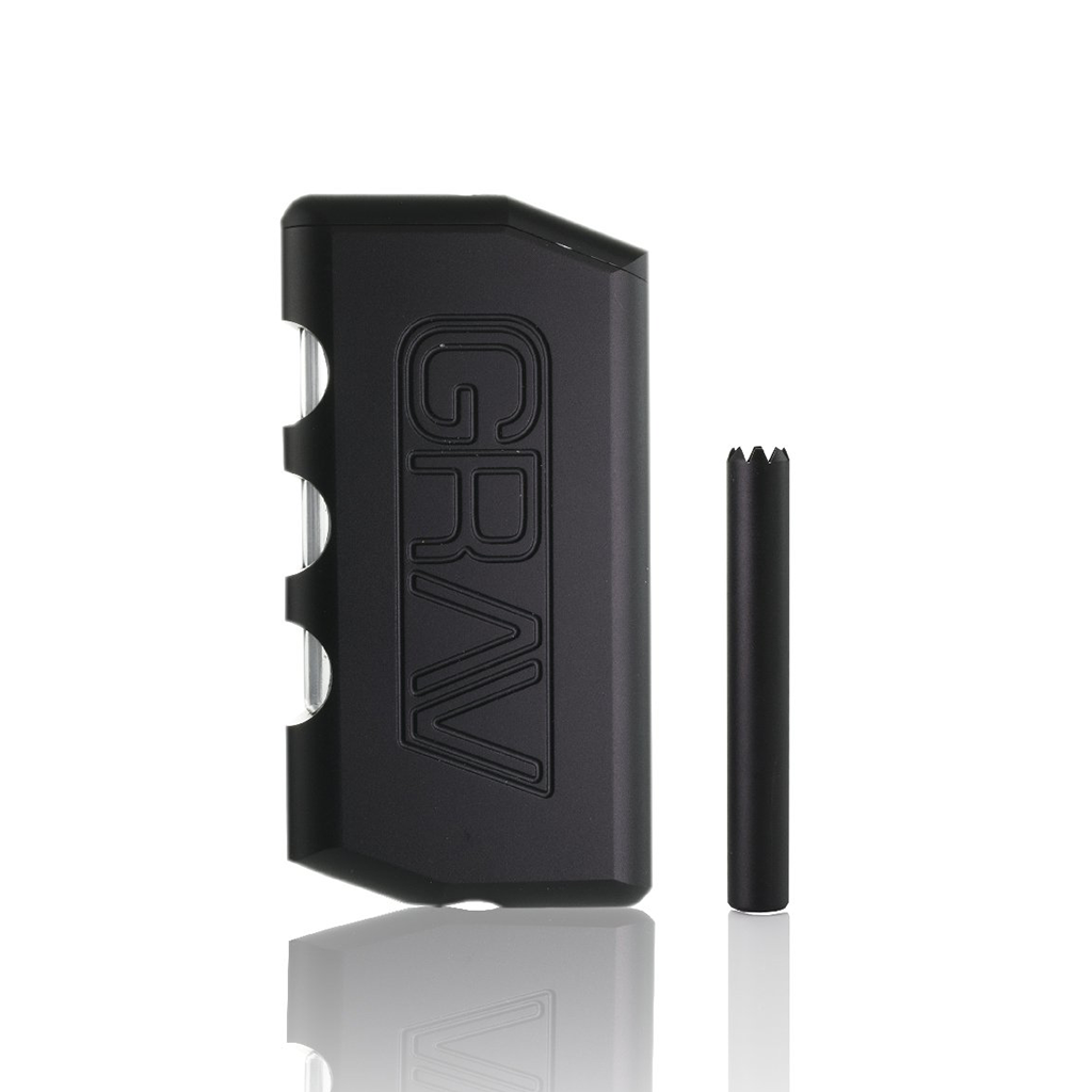 Black metal Dugout device with 'GRAV' branding on a white background