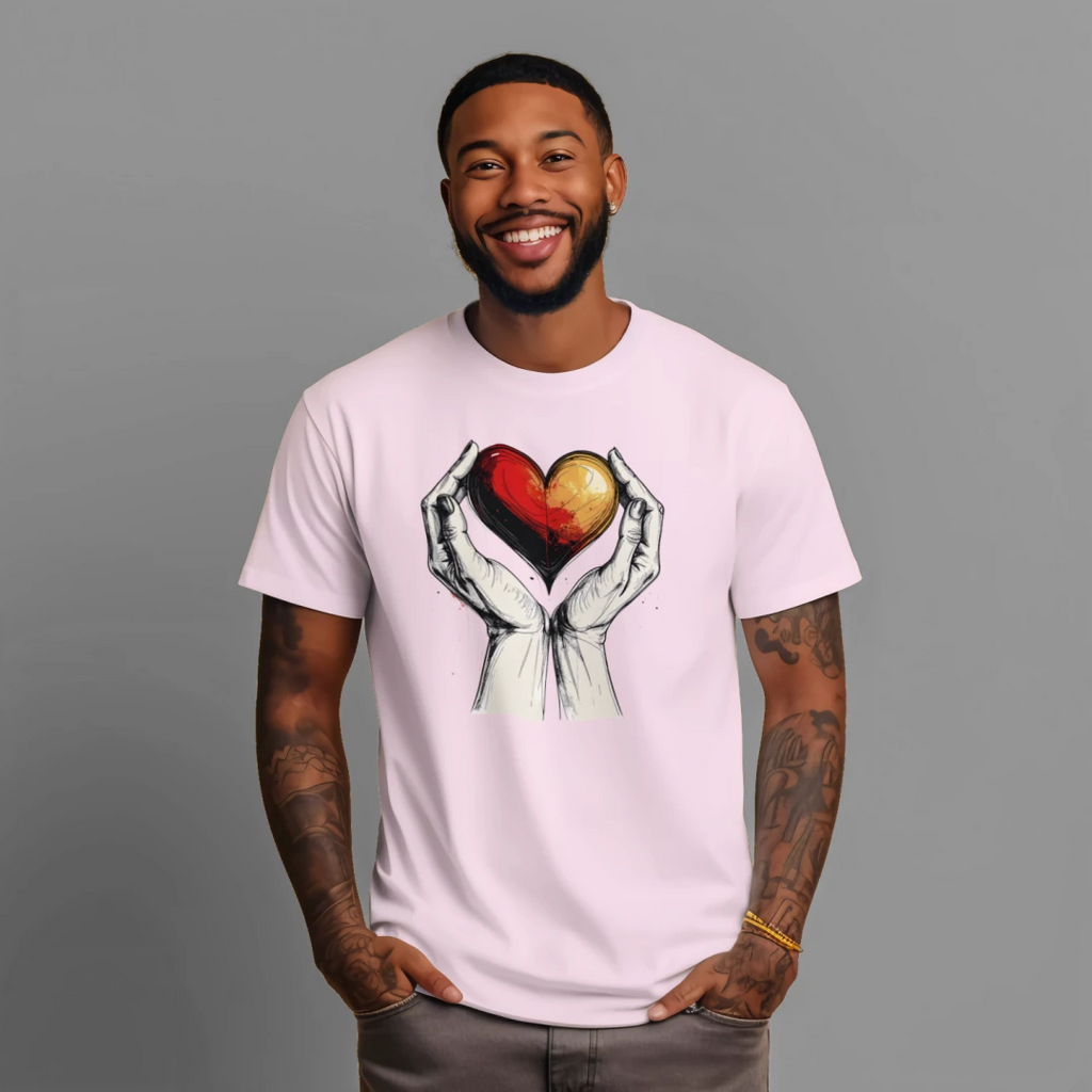 Man wearing a light purple t-shirt with a graphic design of hands holding a heart on a gray background
