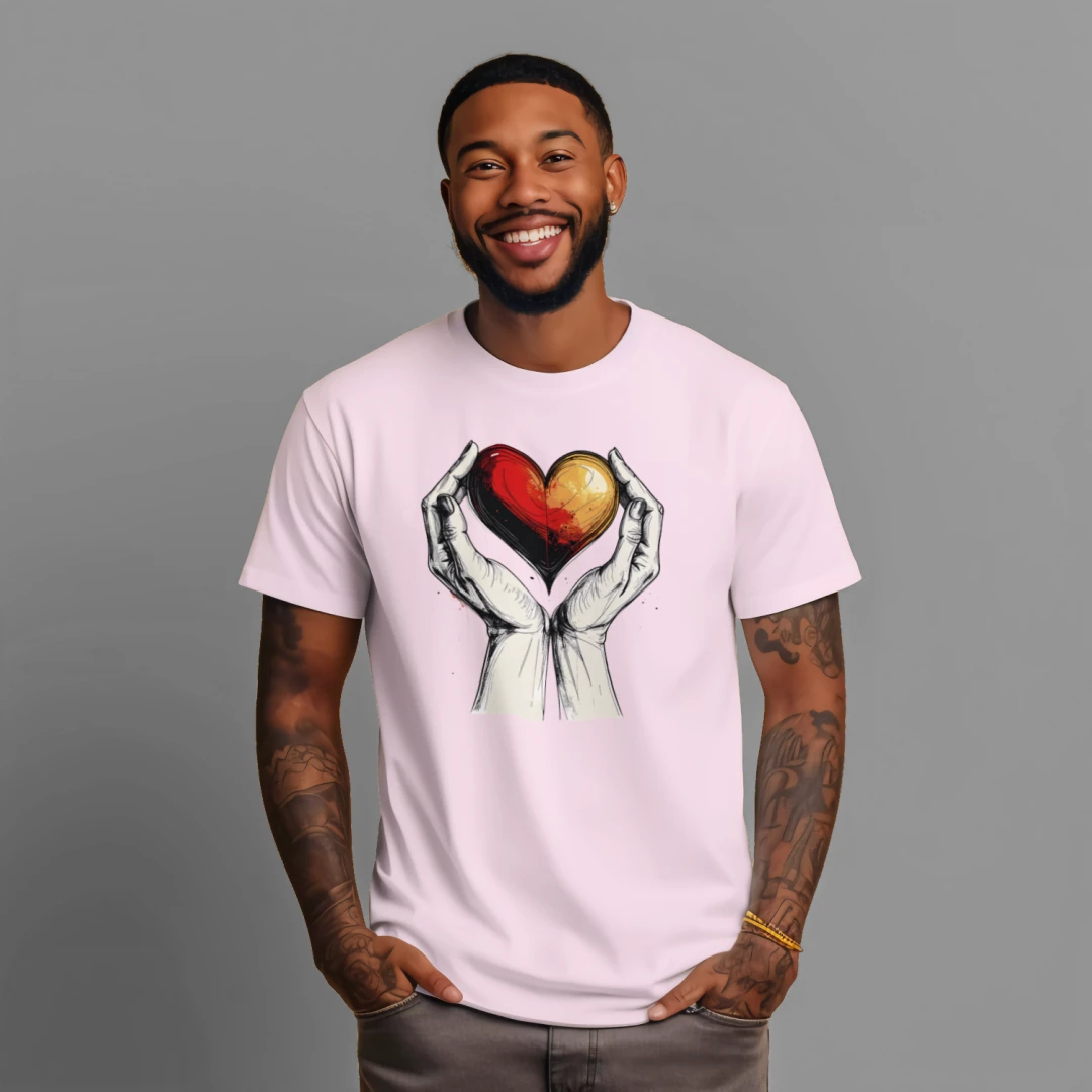 Man wearing a light purple t-shirt with a graphic design of hands holding a heart on a gray background