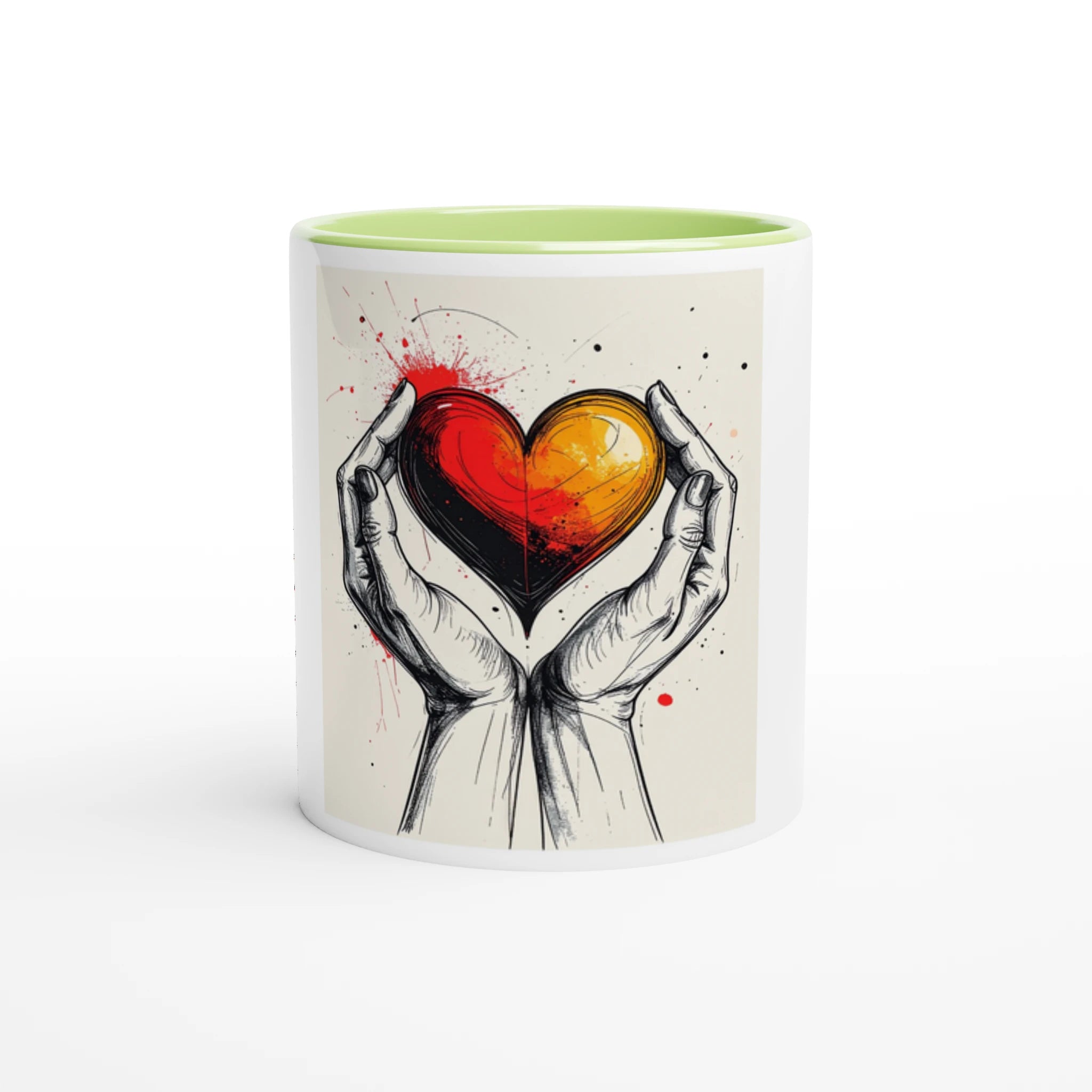 Mug with artistic design of hands holding a heart on a white background