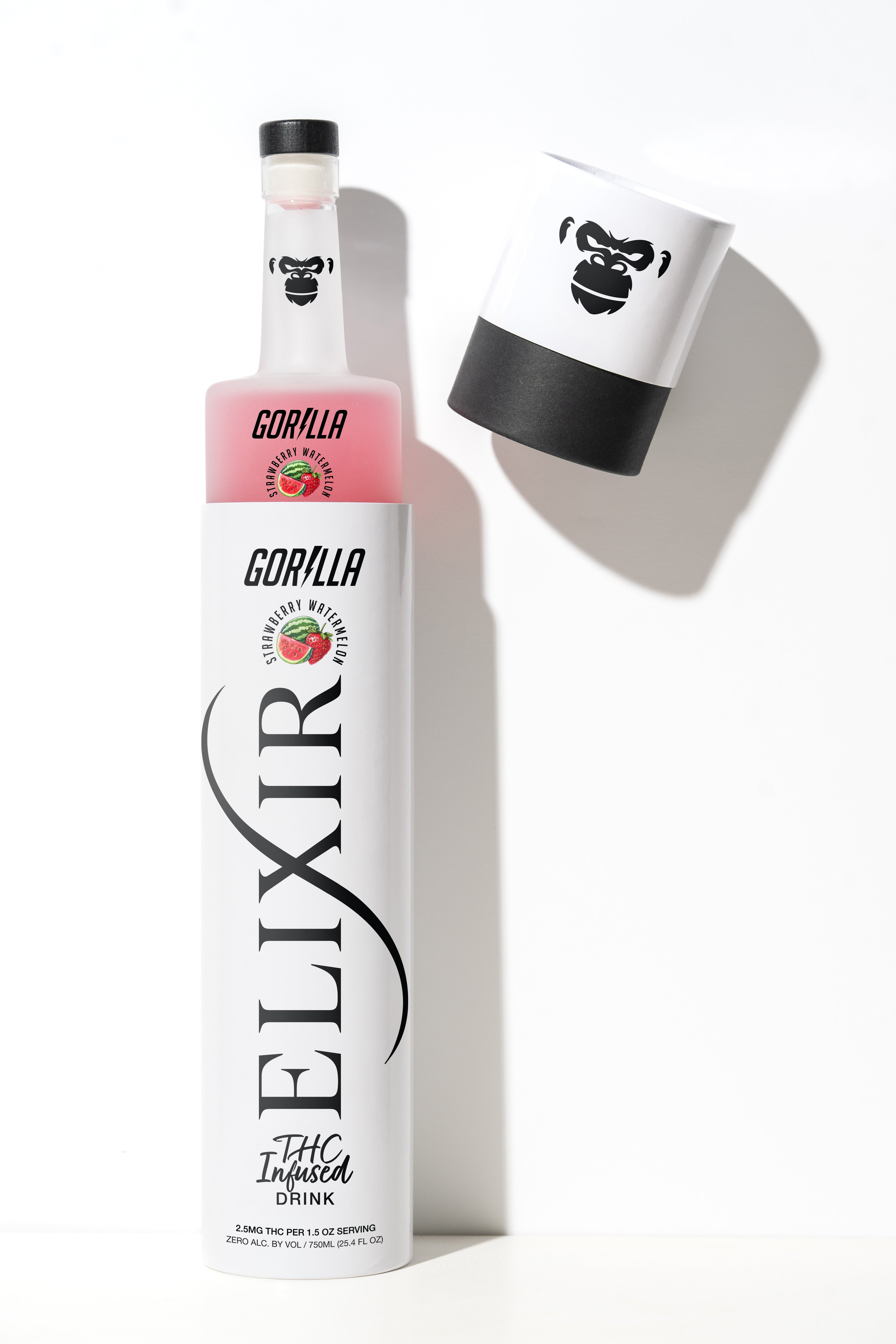 Gorilla Elixir bottle with pink cap on a white background