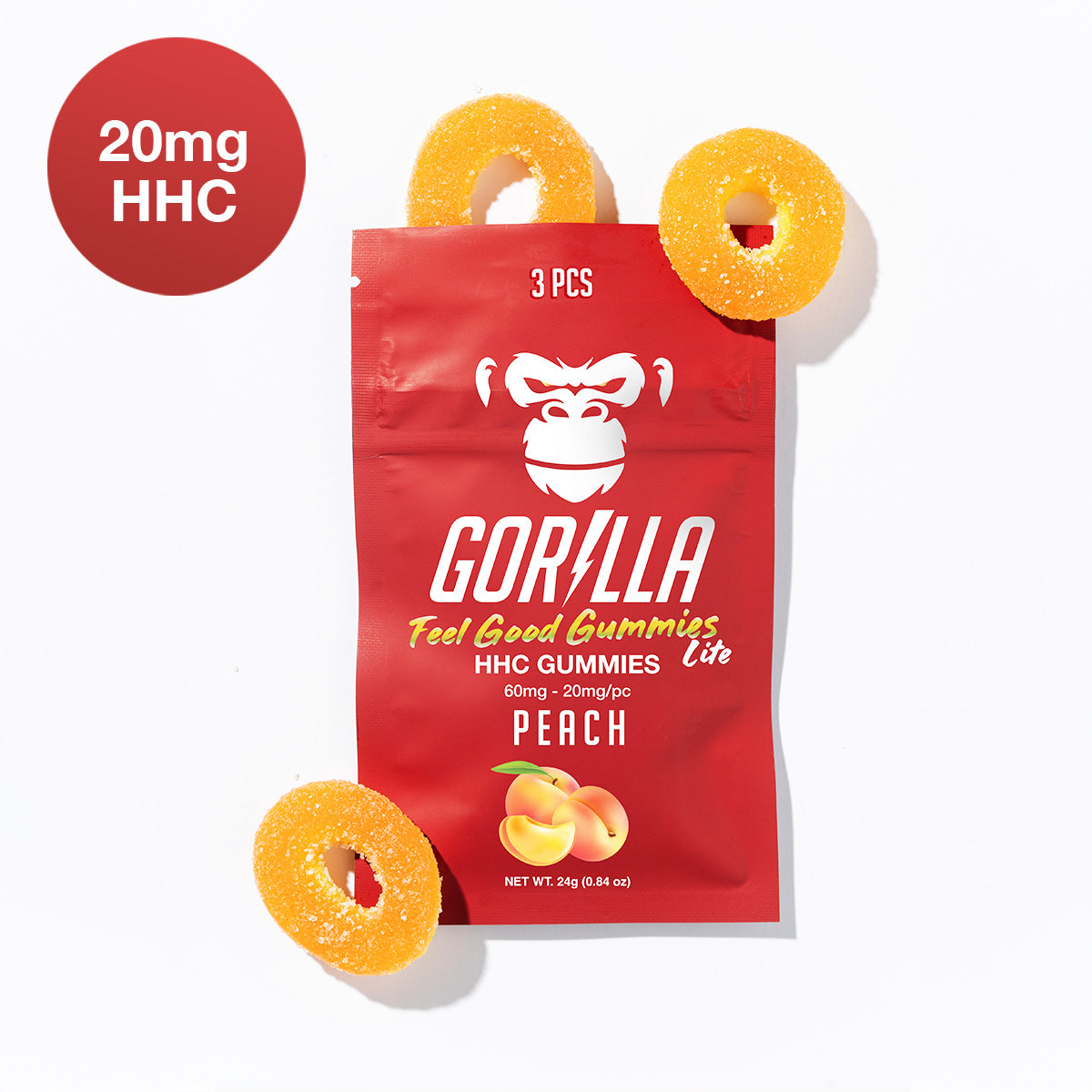 Red package of Gorilla Feel Good Gummies with peach flavor, featuring a monkey logo and '20mg HHC' label.