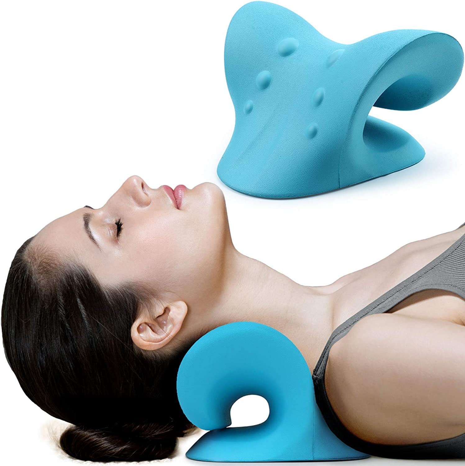 Woman using a blue neck and shoulder massager on a white background
